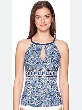 🌸. Ellen Tracy Blue and White Paisley High Neck Tankini